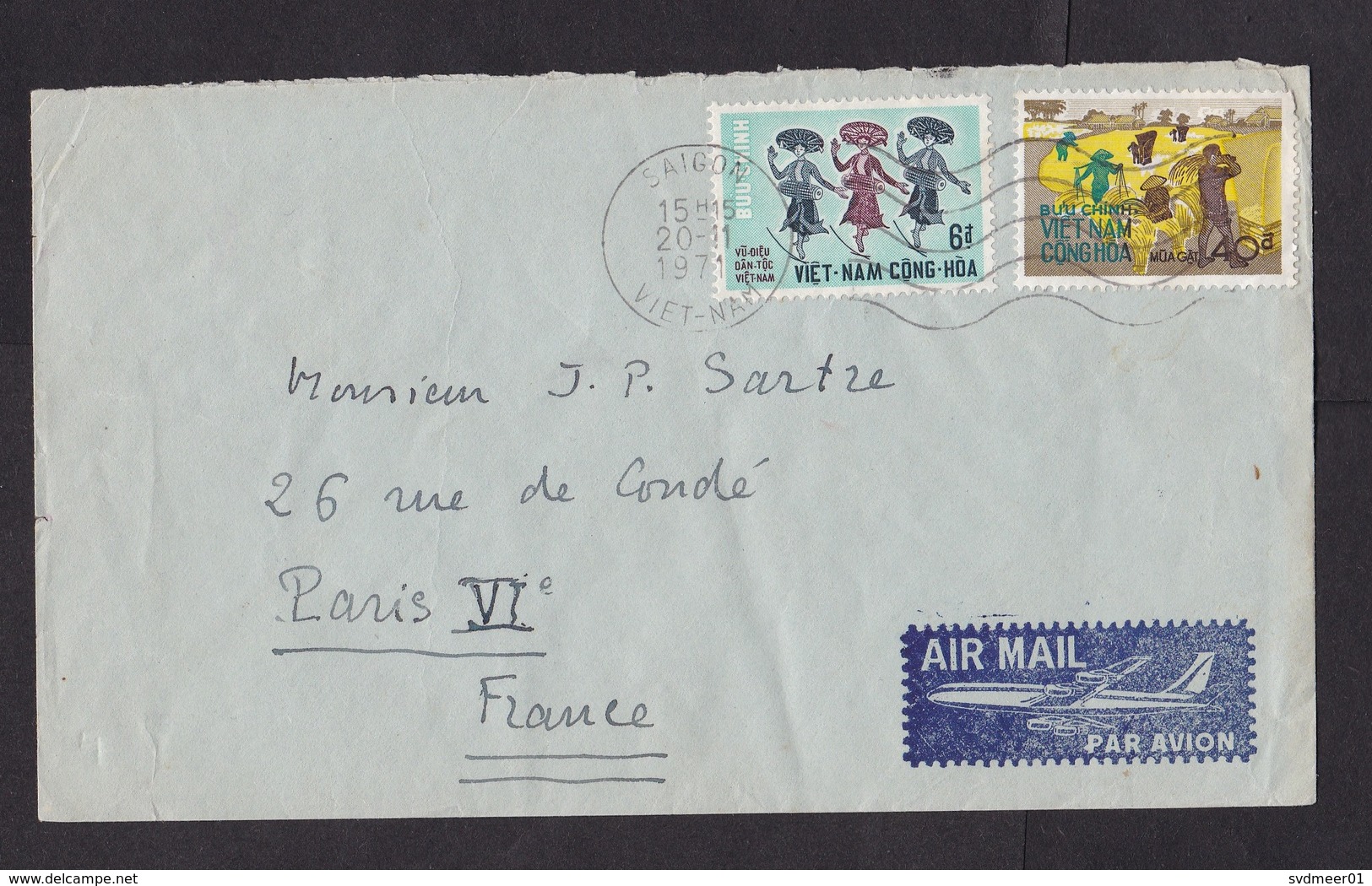 Vietnam: Airmail Cover To France, 1971, 2 Stamps, Sent To J.P Sartre, Philosopher, Author, Nobel Winner (minor Creases) - Vietnam