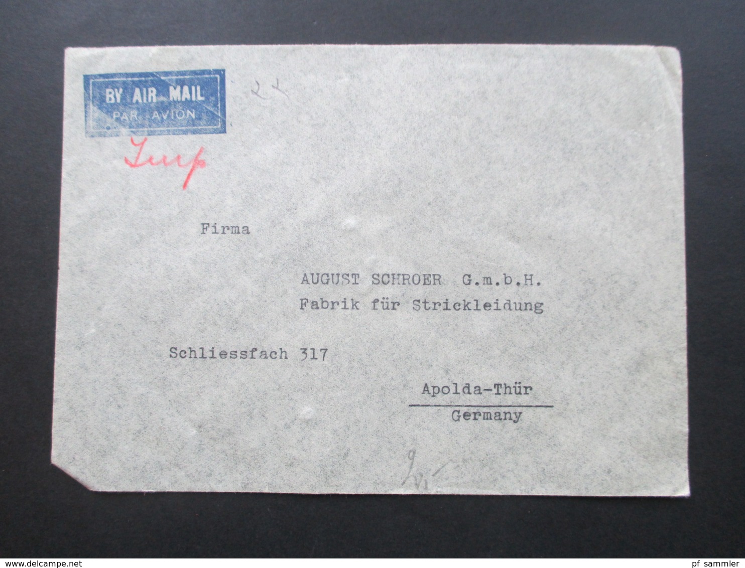 Irak / Iraq 1939 Air Mail / Luftpost Bagdad - Apolda August Schroer Fabrik Für Strickkleidung - Iraq