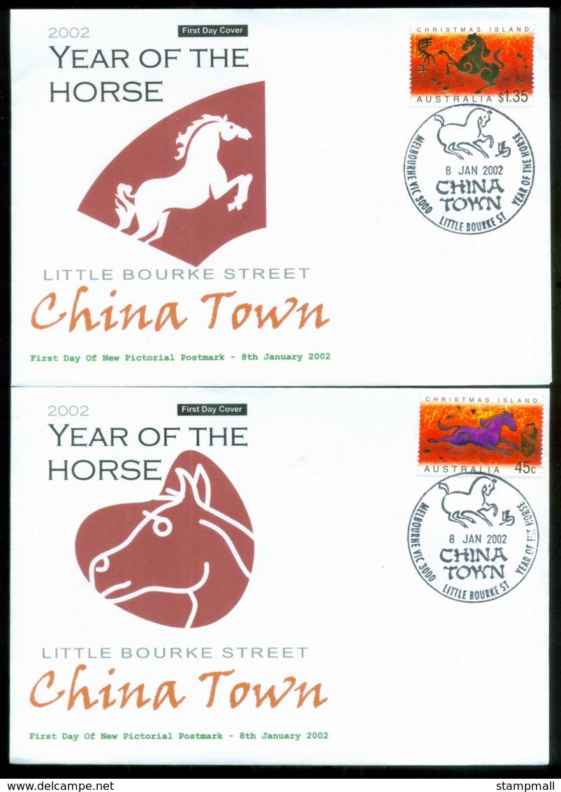 Christmas Is 2002 New Year Of The Horse, Chinatown Melbourne Alpha 2xFDC Lot80279 - Christmas Island