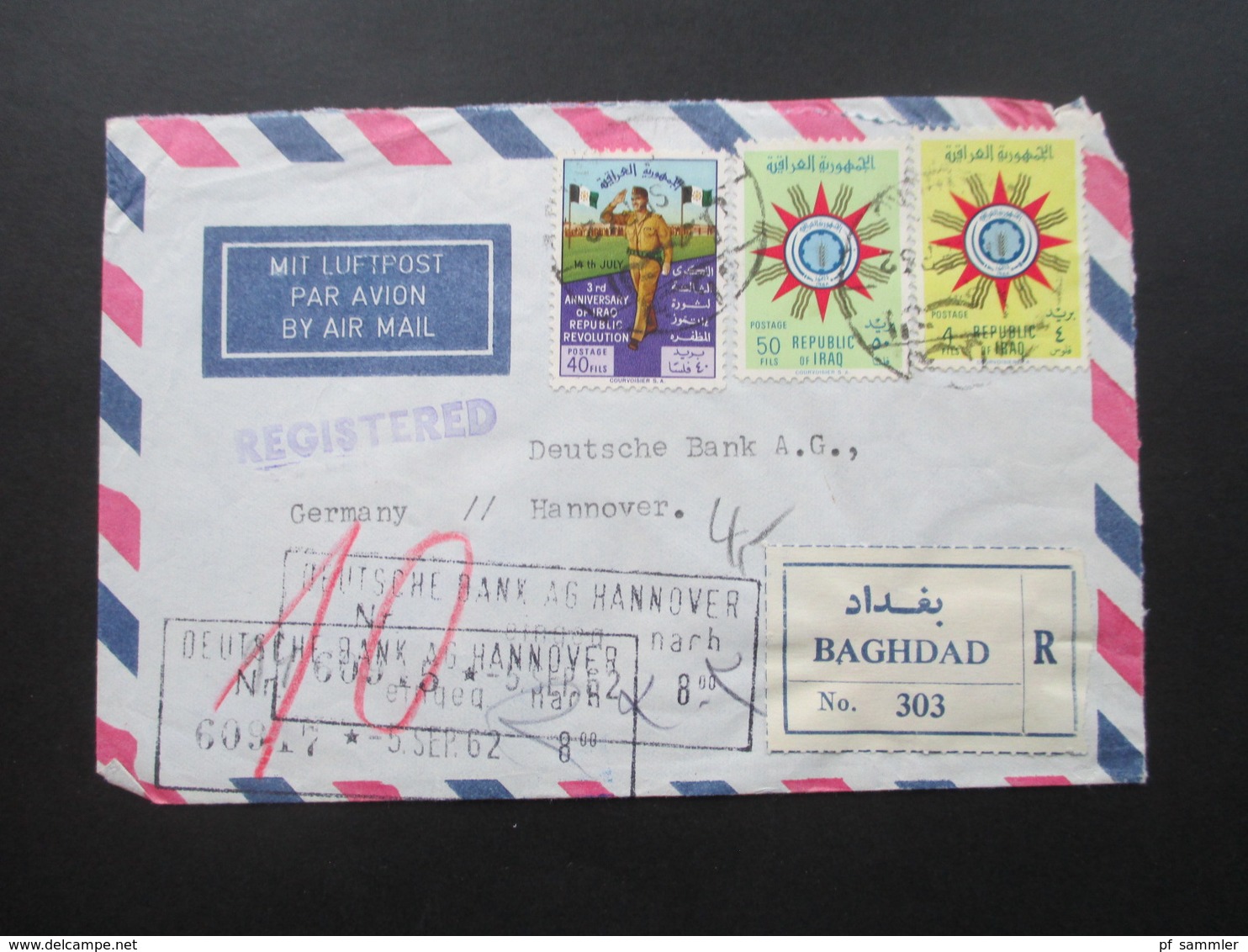 Irak / Iraq 1962 Luftpost / Air Mail Registered Letter / Einschreiben Baghdad No 303 Dreieckstempel Rückseitig - Iraq