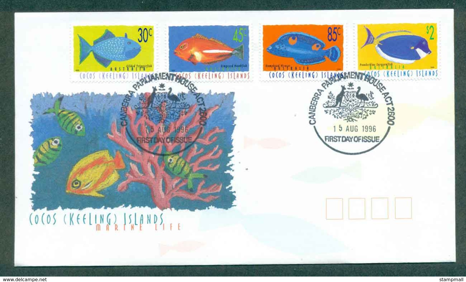 Cocos Keeling Is 1996 Marine Life II, 30,45,85c,$2, Parliament House FDC Lot49005 - Cocos (Keeling) Islands