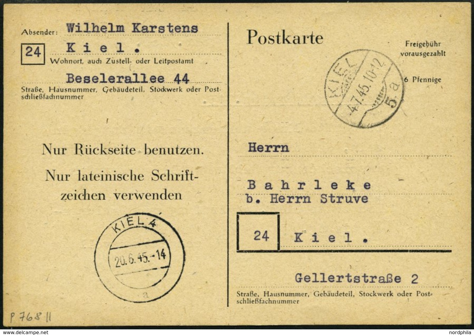 ALL. BES. AUFBRAUCHAUSGABEN P 768II BRIEF, 1945, 6 Pfe. Schwarz Auf Hellsämisch, Type II, Pracht, Mi. 100.- - Autres & Non Classés