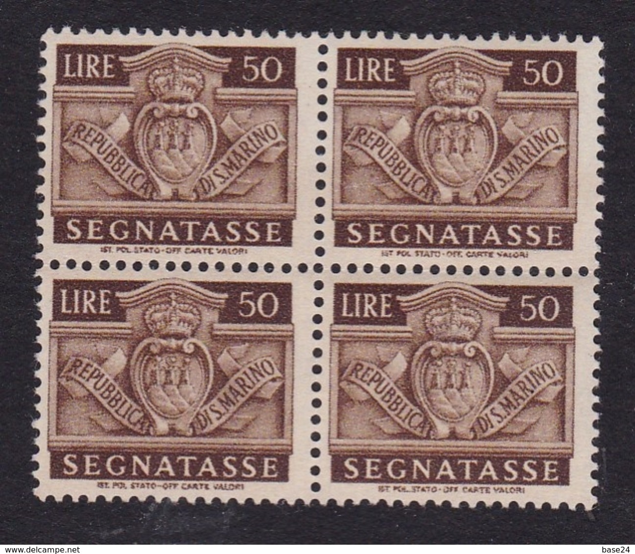 1945 San Marino Saint Marin SEGNATASSE  50 Lire In Quartina MNH** Postage Due Bl.4 Gomma Leggermente Bicolore - Segnatasse