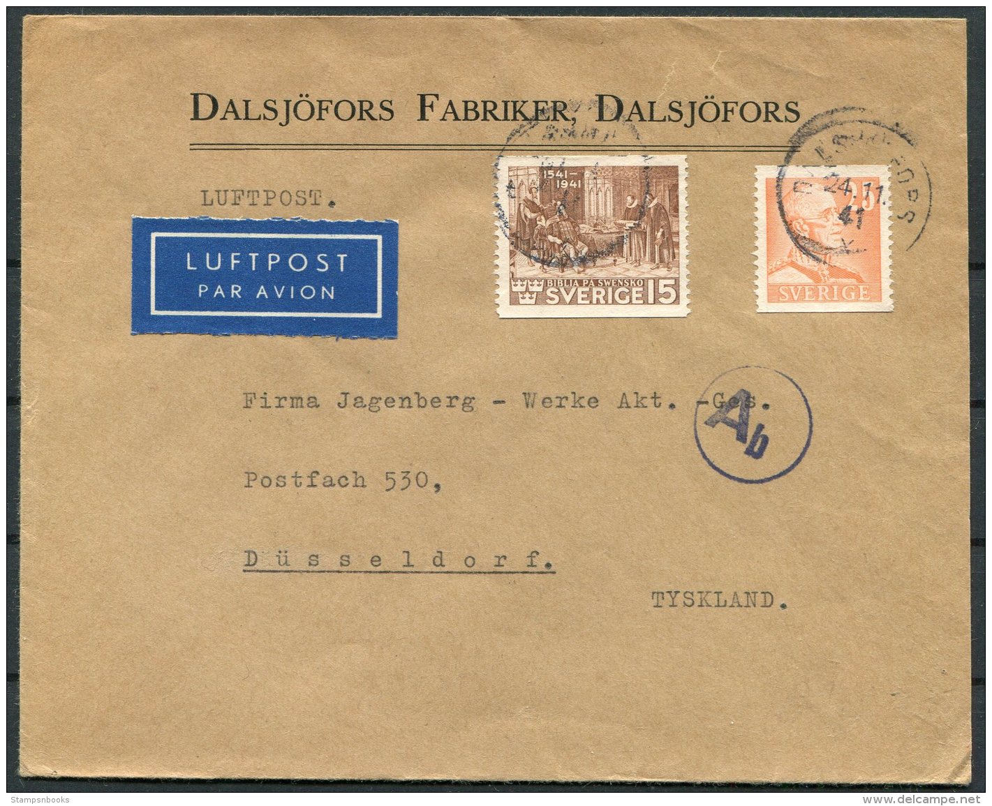 1941 Sweden Censor Airmail Cover Dalsjofors - Dusseldorf Germany. Bible Jubilee 15ore - Covers & Documents