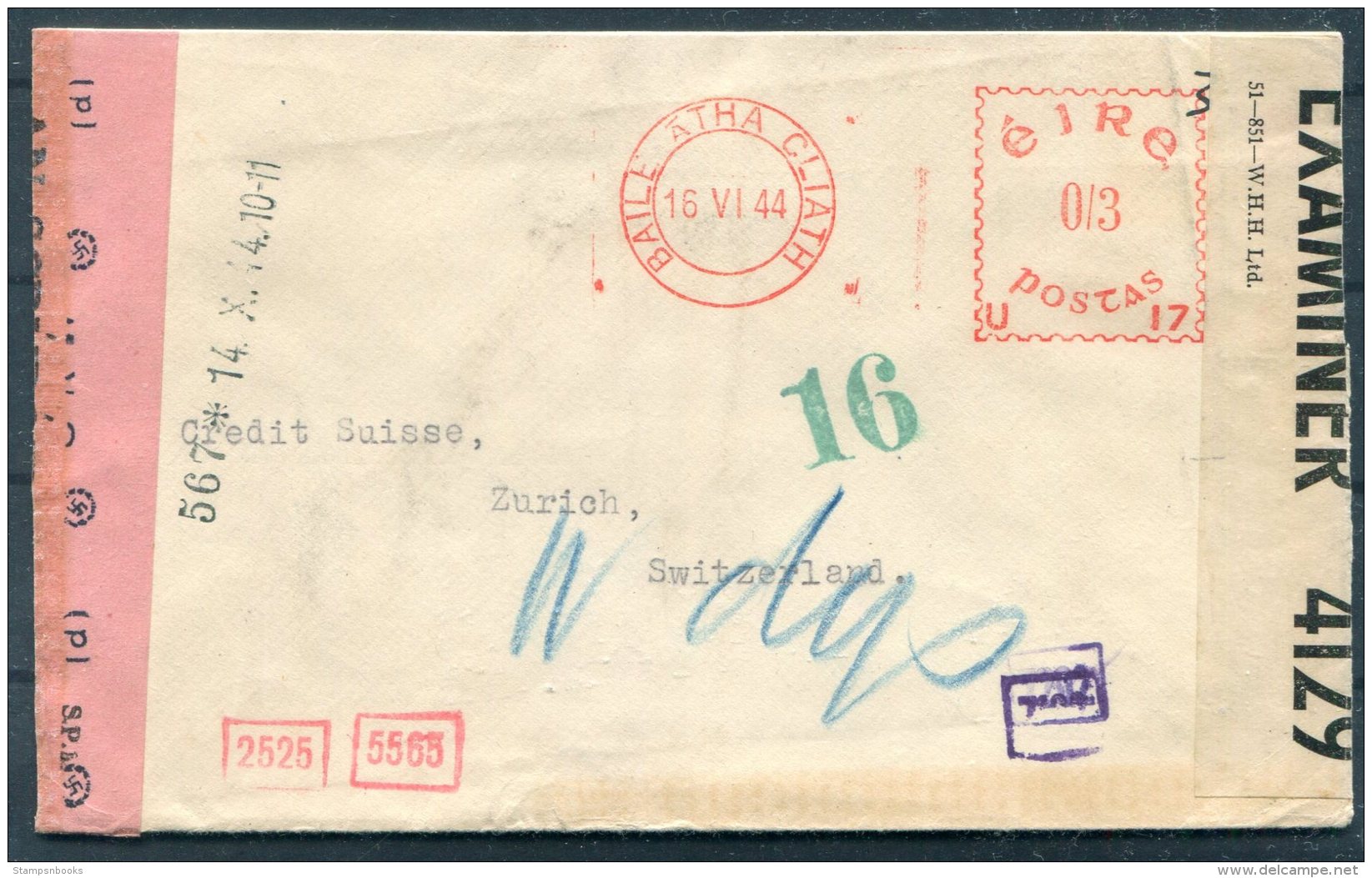 1944 Eire Censor Cover Bank Of Ireland - Credit Suisse, Zurich Switzerland - Covers & Documents