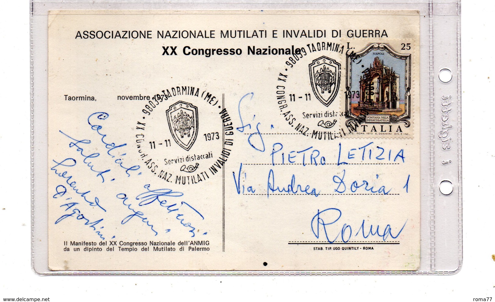 LAB436 - Associazione Mutilati Invalidi Guerra 11/11/73  Taormina - 1971-80: Storia Postale