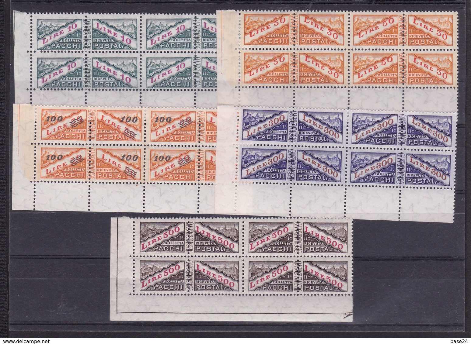 1956 San Marino Saint Marin PACCHI POSTALI VEDUTA FIL. STELLE 4 Serie Di 5v. (37/41) Quartina MNH** Bl.4 Parcel Post - Colis Postaux