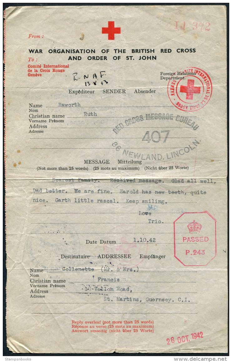 1942 Guernsey Red Cross Message Lincoln Bueau - Guernesey