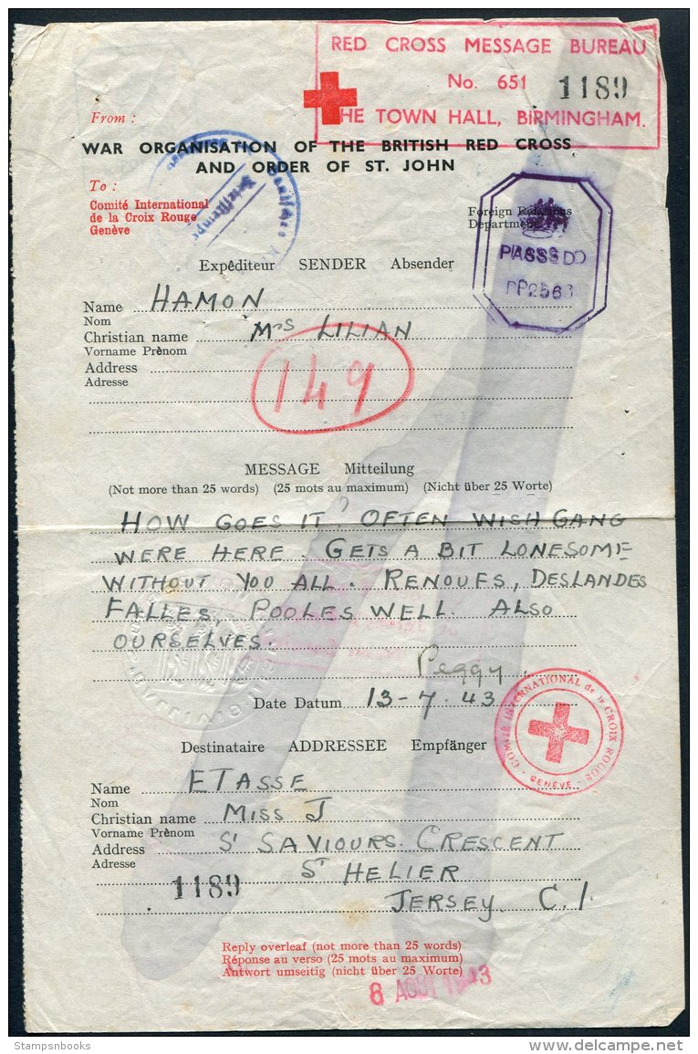 1943 Guernsey Red Cross Message Birmingham Bueau, Chemical Swipe - Jersey