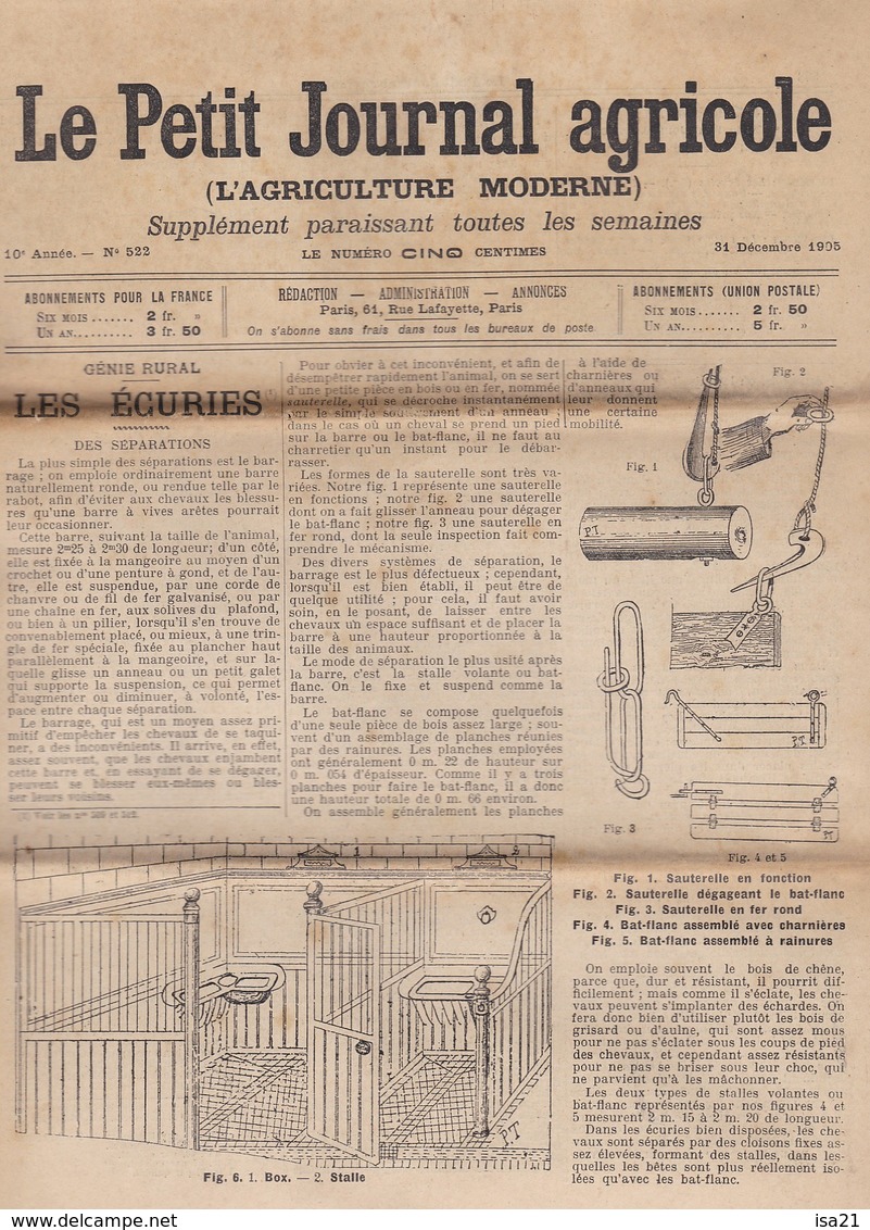 LE PETIT JOURNAL AGRICOLE: 1905 31 Décembre Les écuries, Alimentation Et Production Du Beurre, Morve Et Farçin... - 1900 - 1949