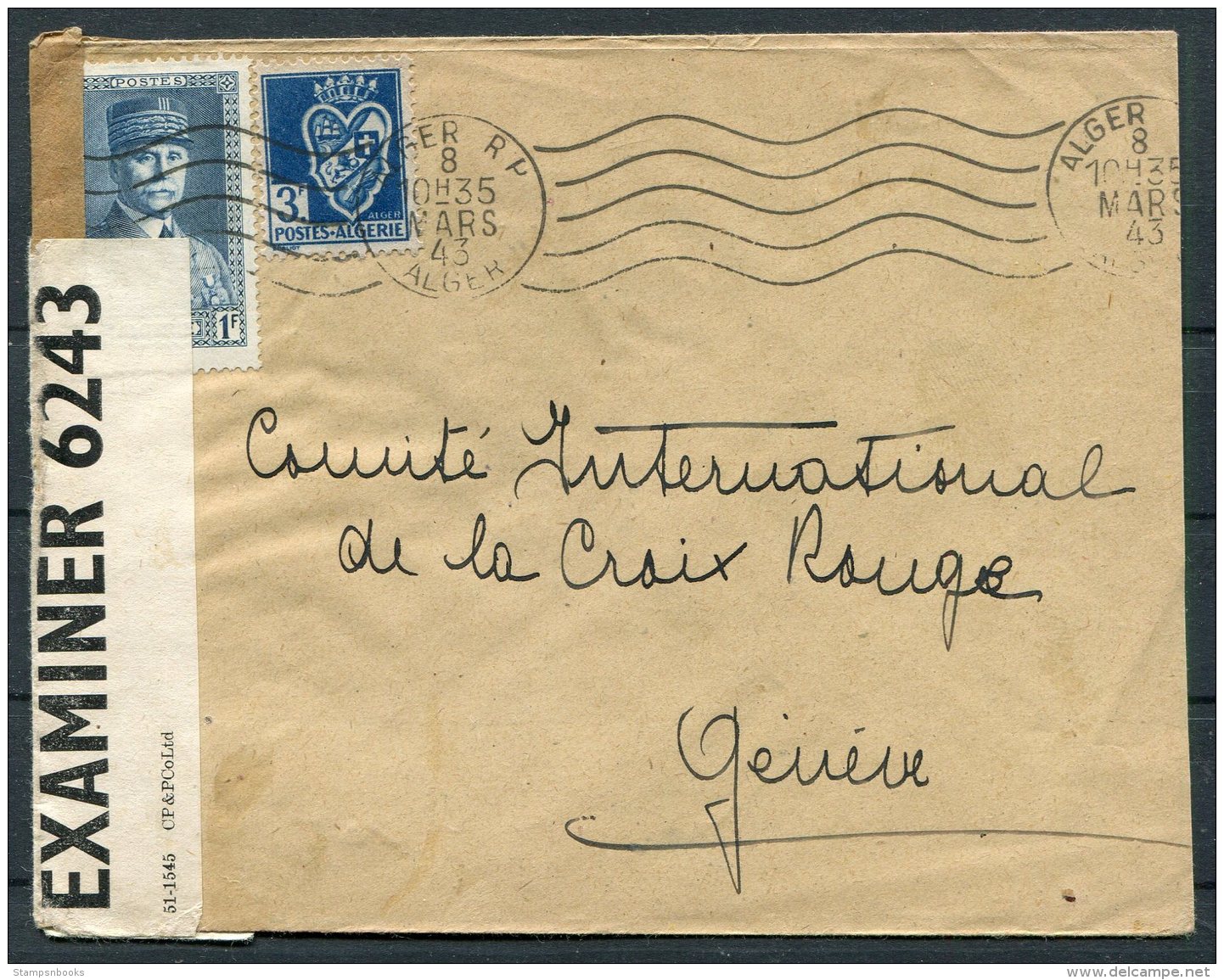 1943 Algeria Censor Cover - Red Cross, Geneva Switzerland - Covers & Documents