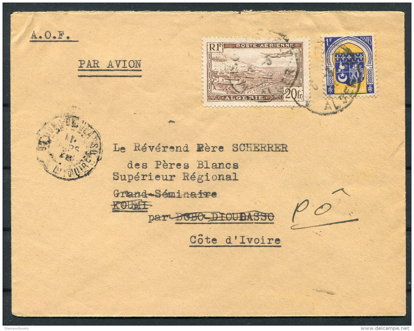 1948 Algeria A.O.F. Airmail Missionary Cover - Cathloic Mission, Po, Ivory Coast - Covers & Documents