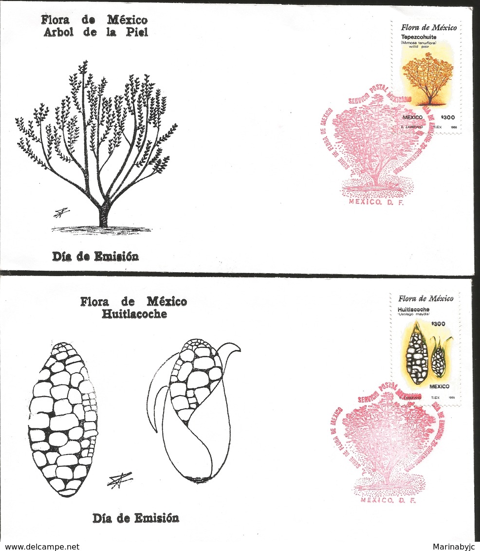 J) 1988 MEXICO, FLORA OF MEXICO, HUITLACOCHE, CORN, SKIN TREE, SET OF 2 FDC - Mexique