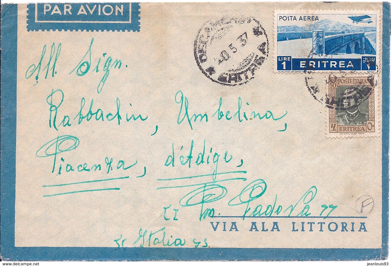 ERYTHREE - LETTRE PAR AVION POUR PADOVA PADOUE ITALIE 1937 - Erythrée