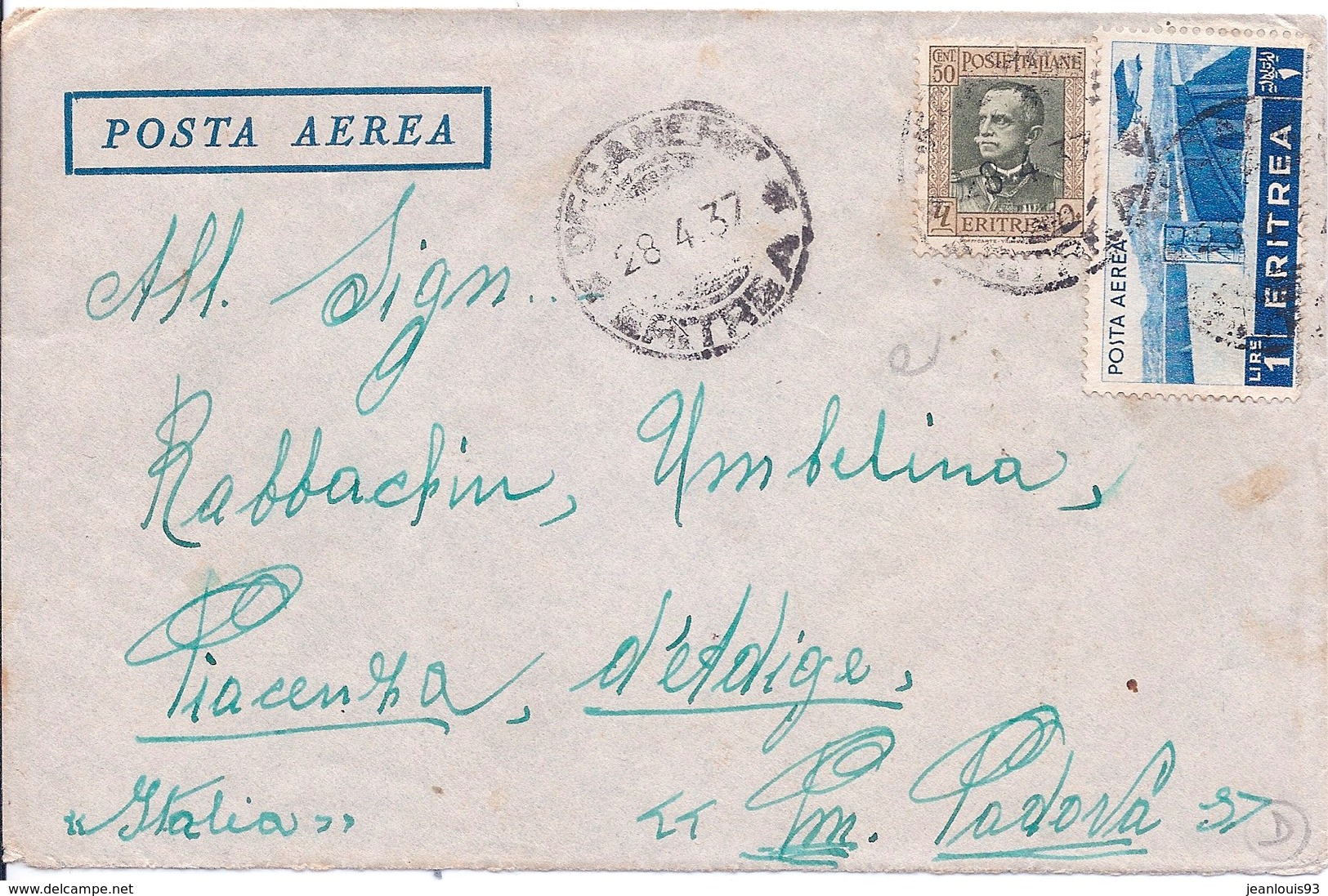 ERYTHREE - LETTRE PAR AVION POUR PADOUE PADOVA ITALIE 1937 - Erythrée