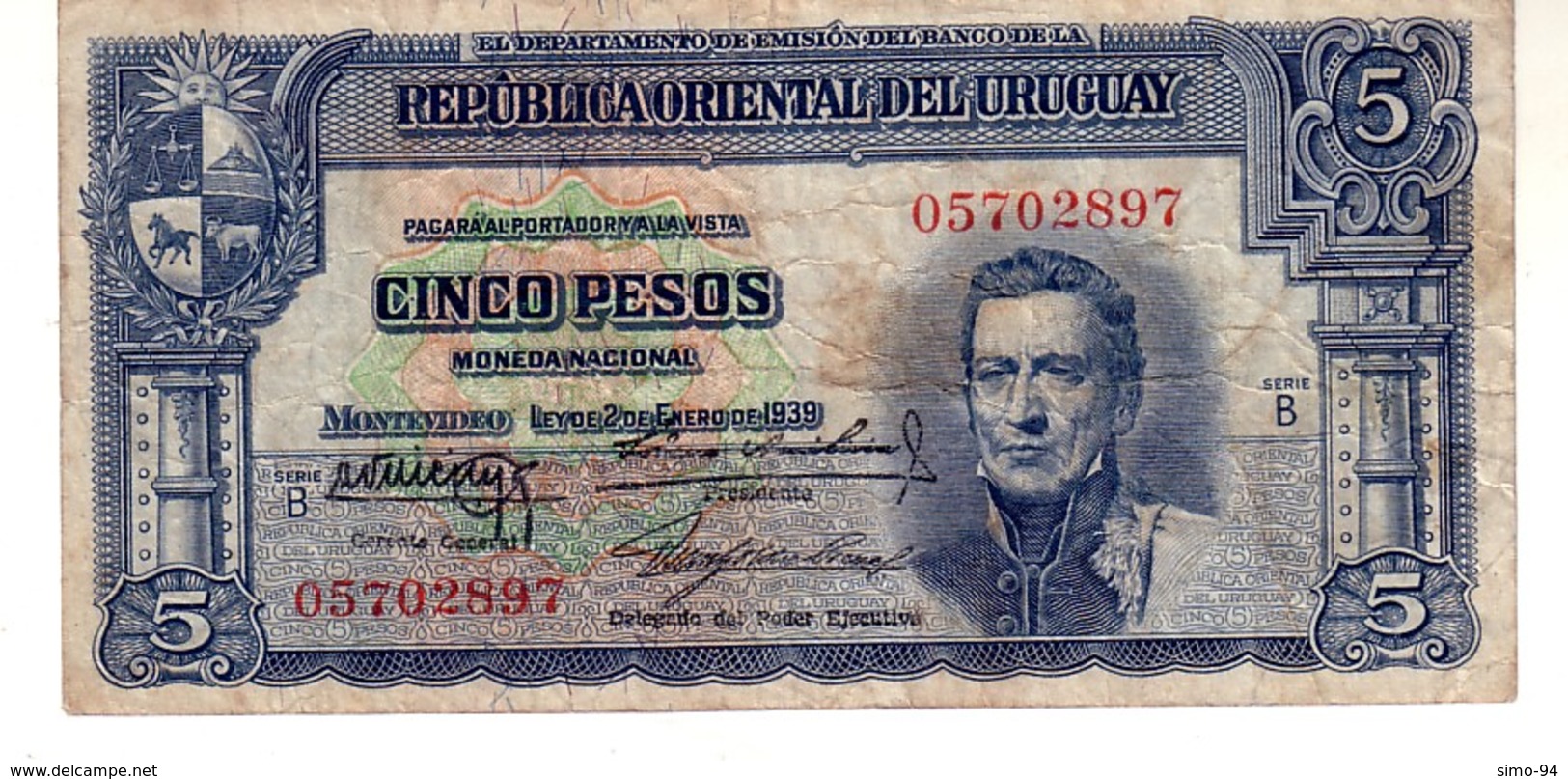 Uruguay P.36 5 Pesos 1939 Vf - Uruguay