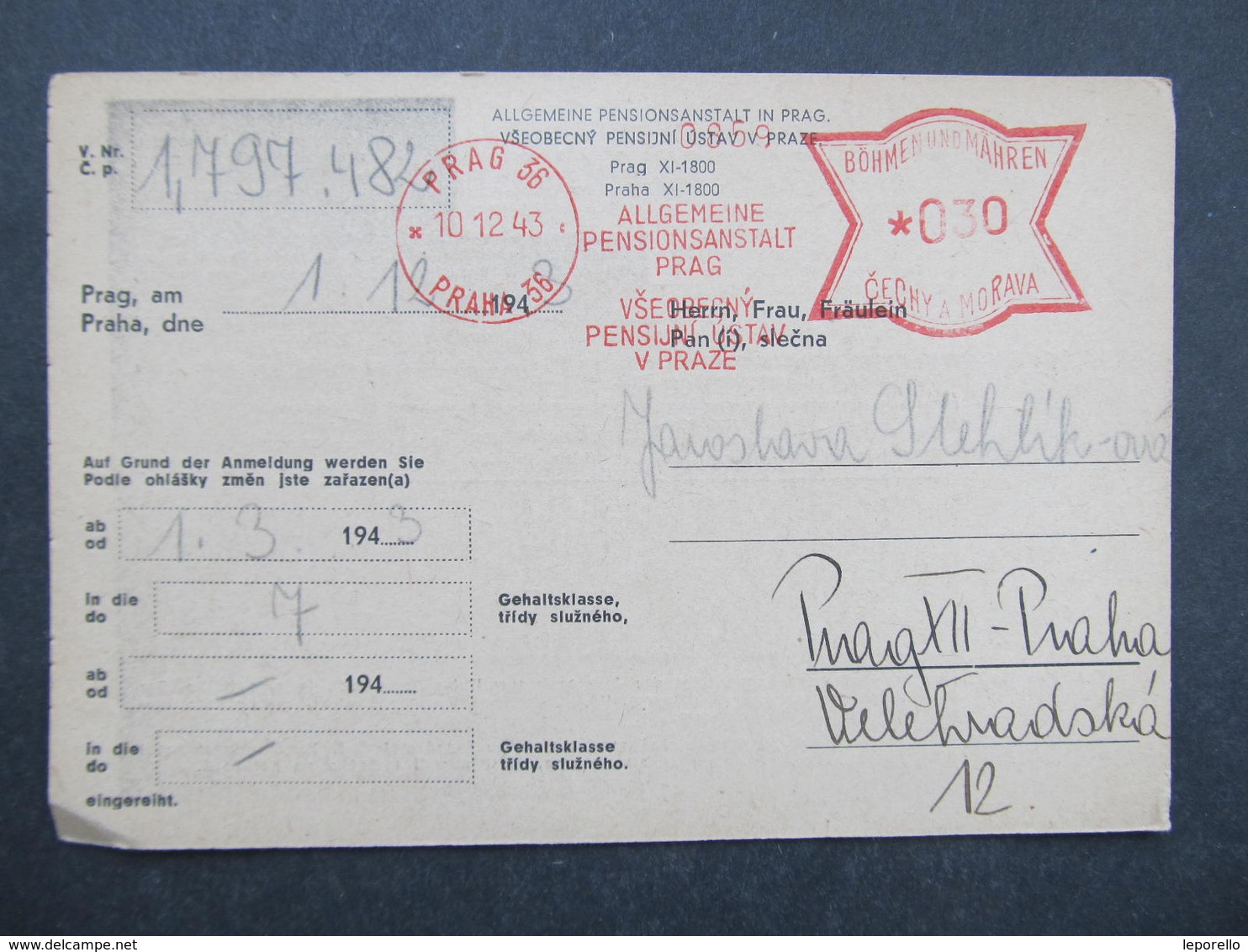 Brief Praha 36  Allgemeine Pensionsanstalt 1943 B.u.M. Frankotype Postfreistempel // M9173 - Briefe U. Dokumente