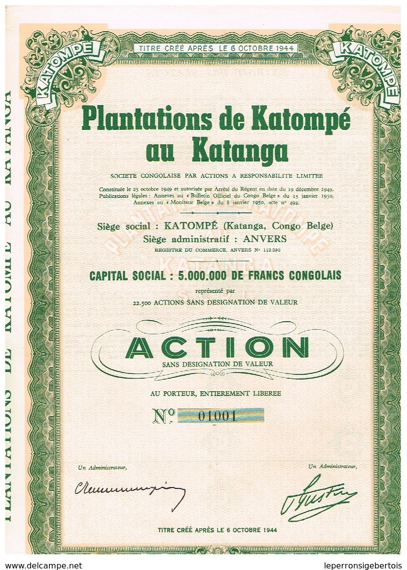 Action Ancienne - Plantations De Katompé Au Katanga - Titre De 1950 - Afrique