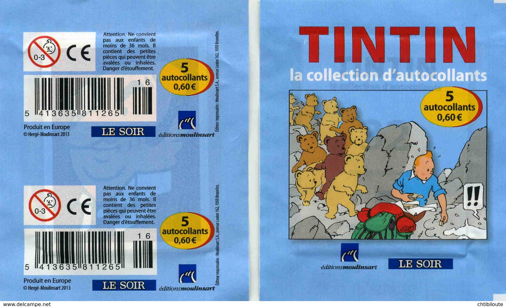 TINTIN  / POCHETTE 5  VIGNETTES ADHESIVES  NEUVES  POUR ALBUM COLLECTOR     JOURNAL LE SOIR 2013 - Autocollants