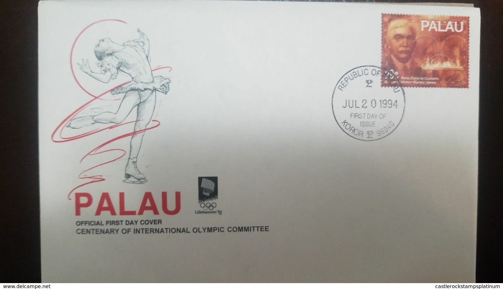 L) 1994 PALAU, CENTENARY OF INTERNATIONAL OLYMPIC COMMITTE, BARON PIERRE DE COUBERTIN, 29C, FDC - Palau