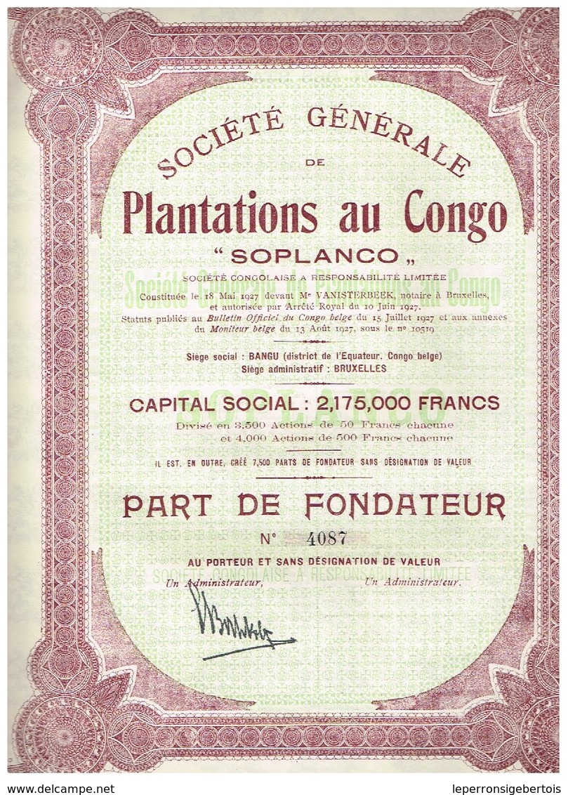 Action Ancienne - Société Générale De Plantations Au Congo - "SOPLANCO" - Titre De 1927 - Afrique