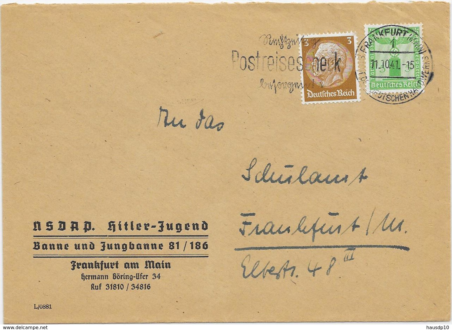 DR Dienst Brief Der NSDAP Hitler Jugend Banne Uns Jungbanne 81/186 Frankfurt A. Main 11.10.41 Mif. M. Mi.147 - Covers & Documents