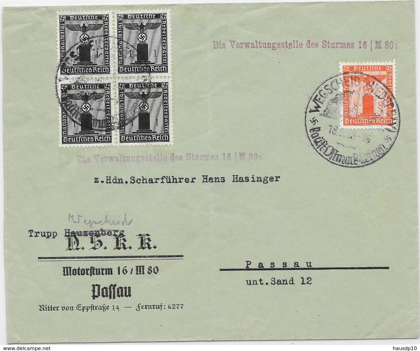 DR Dienst Brief Der NSKK Motorsturm 16/M 80 Passau Mif. MI.144,149 Wegscheid 1938 - Lettres & Documents