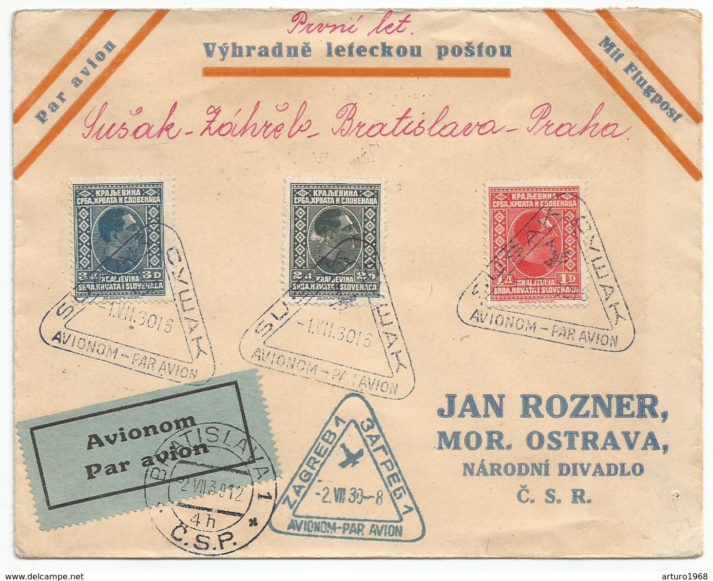 Yugoslavia Jugoslawien Air Mail First Flight Cover, Susak - Zagreb - Bratislava - Prague 1930 - Luftpost