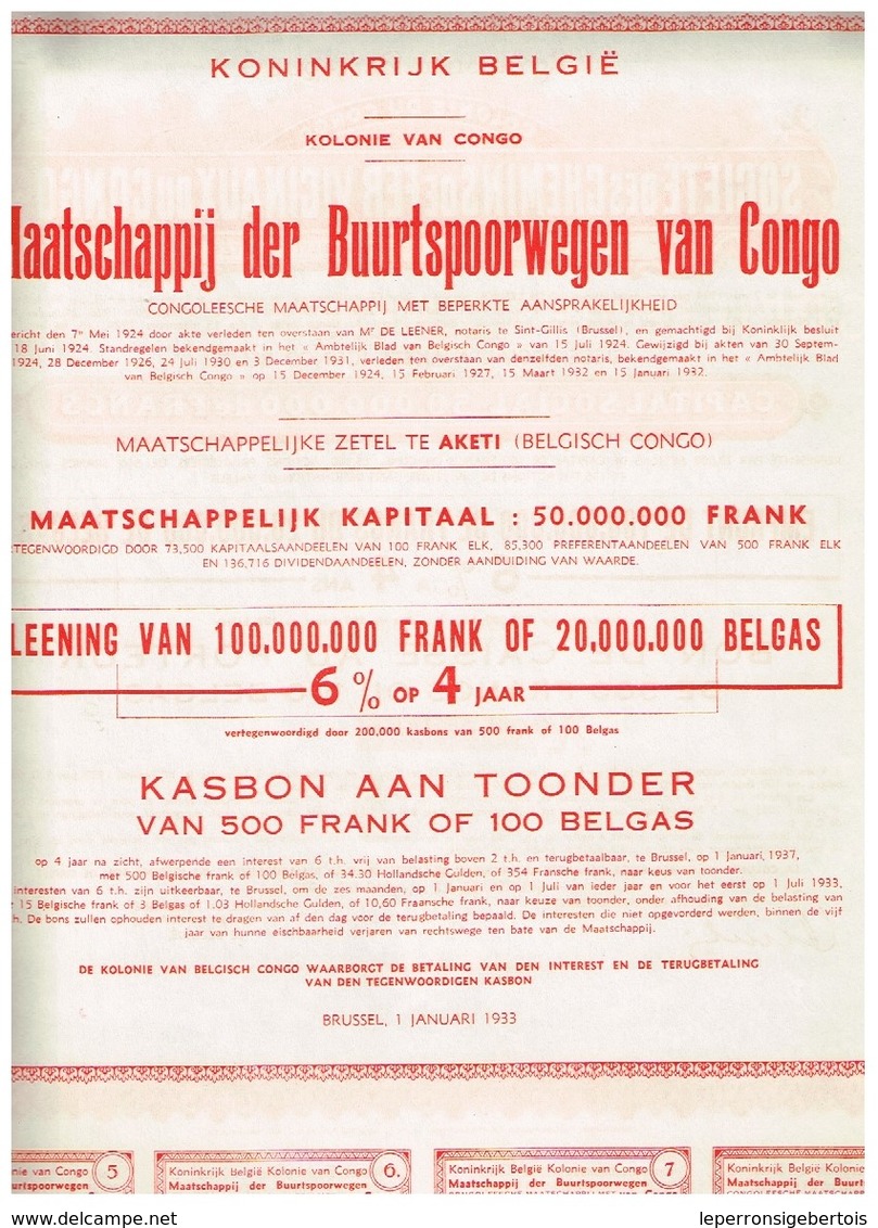 Bon De Caisse Uncirculed - Société Des Chemins De Fer Vicinaux Du Congo - Titre De 1932 - Bahnwesen & Tramways