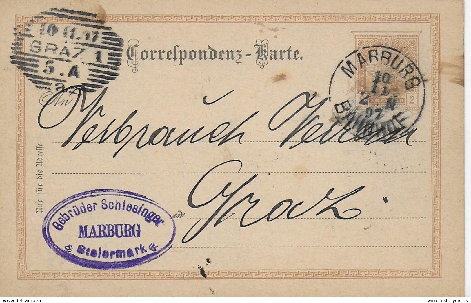 AK 0042  Correspontenzkarte An Den Grazer Verbrauchs-Verein Aus Marburg Um 1897 - Briefe U. Dokumente