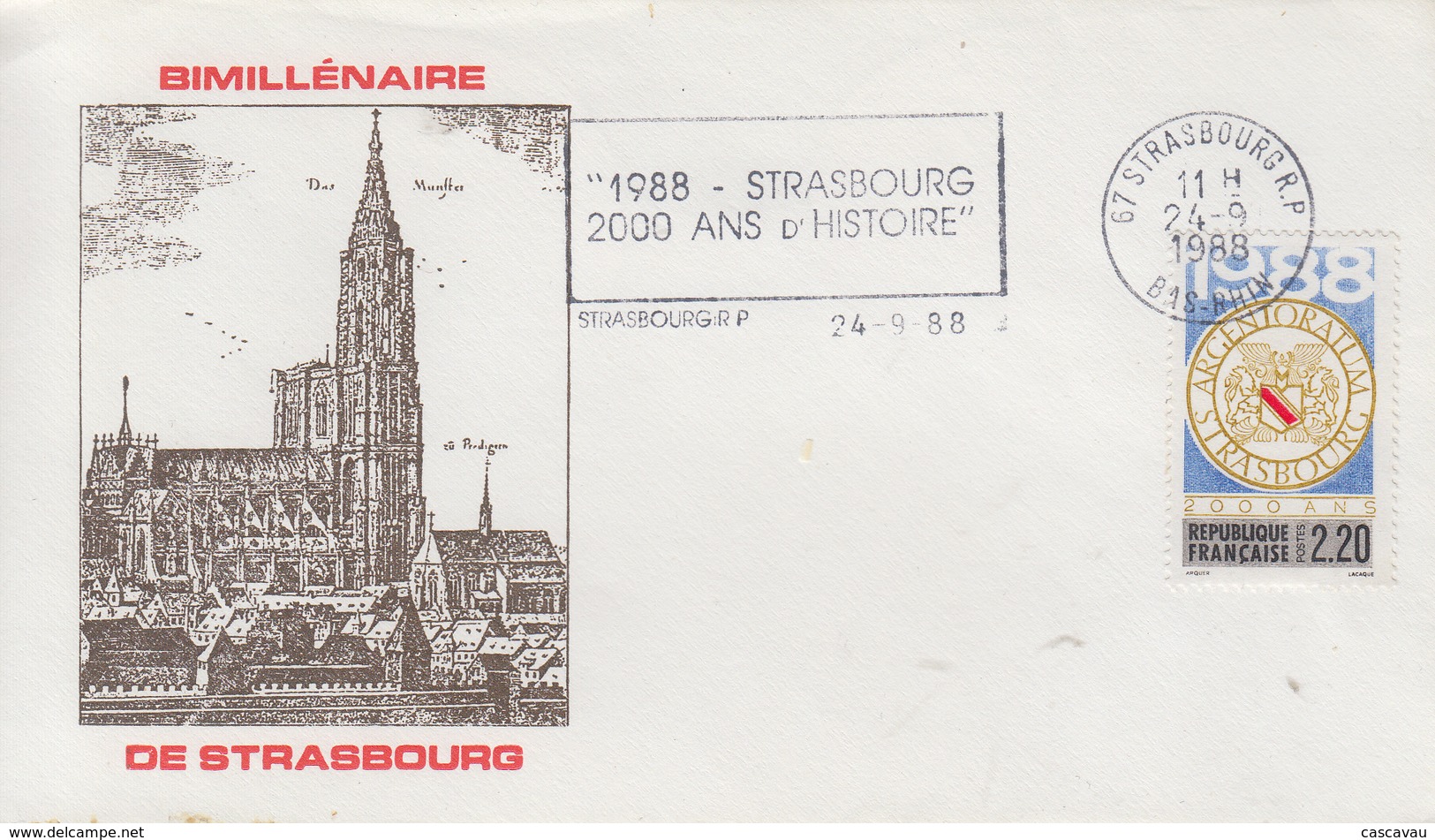 Enveloppe  FDC  Flamme  1er  Jour   FRANCE    BiMillénaire   De  STRASBOURG   1988 - 1980-1989