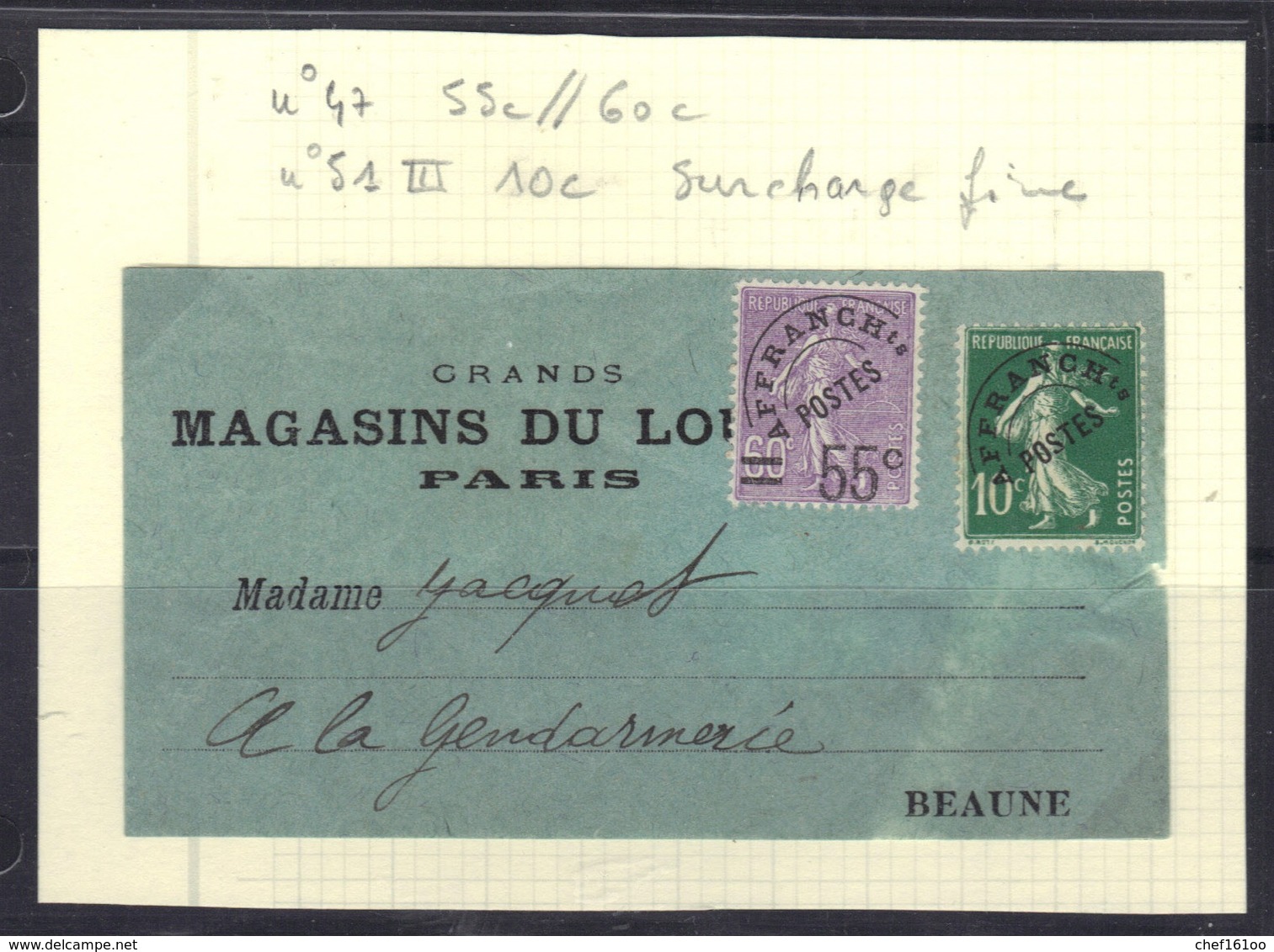 France : Préo N°47 + 51 (surcharge Fine, Pas Courante), Sur étiquette Magasin Du Louvre Pour Beaune. - 1893-1947