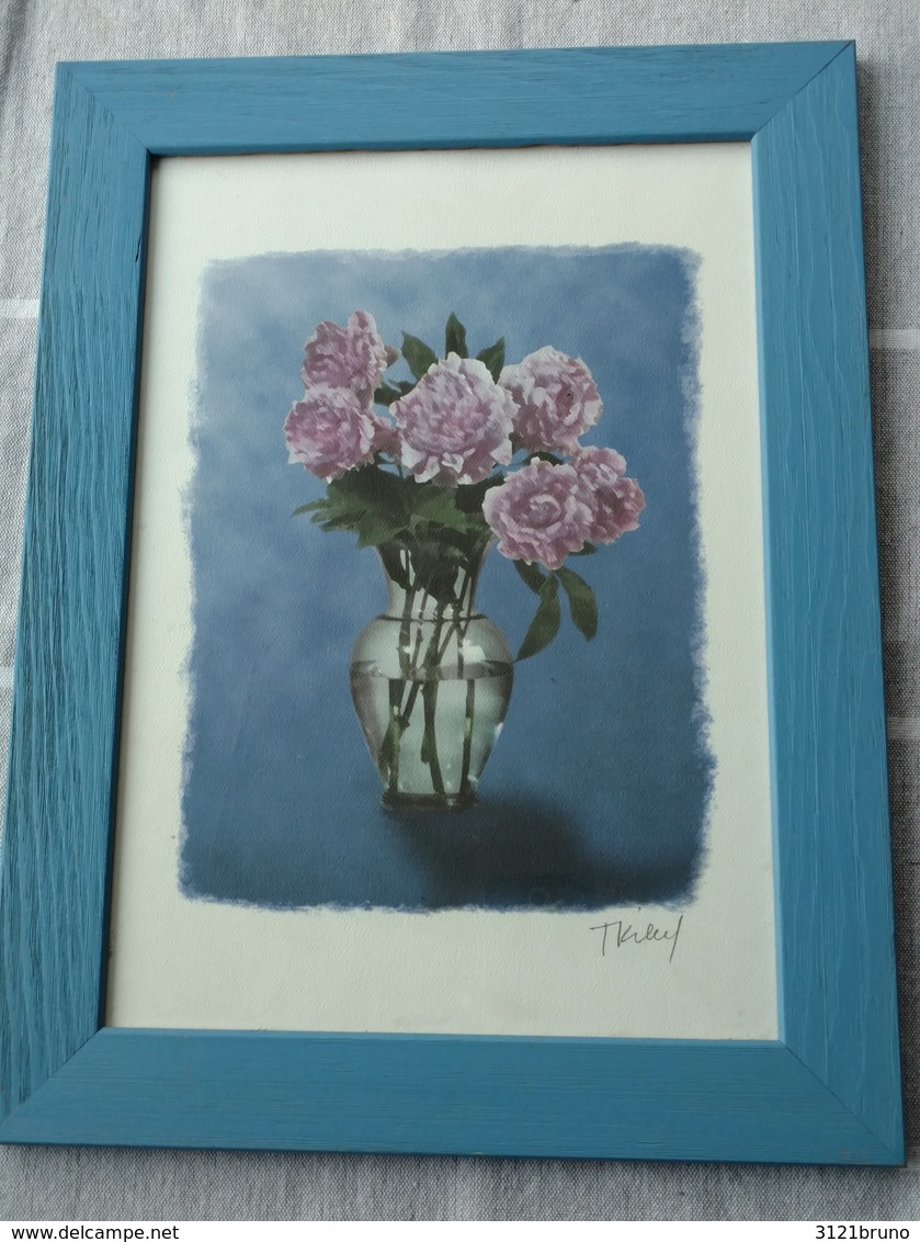 JOLI CADRE  "BLEU" Bouquet De Fleurs Signé TKIEUF   41 X 32 Cm - Dessins