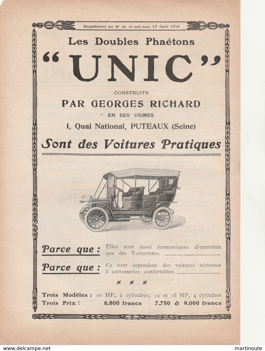 PUTEAUX 92 - Publicité 1910 Pour Voiture UNIC Construites Par GEORGES RICHARD à PUTEAUX - 002 - Voitures