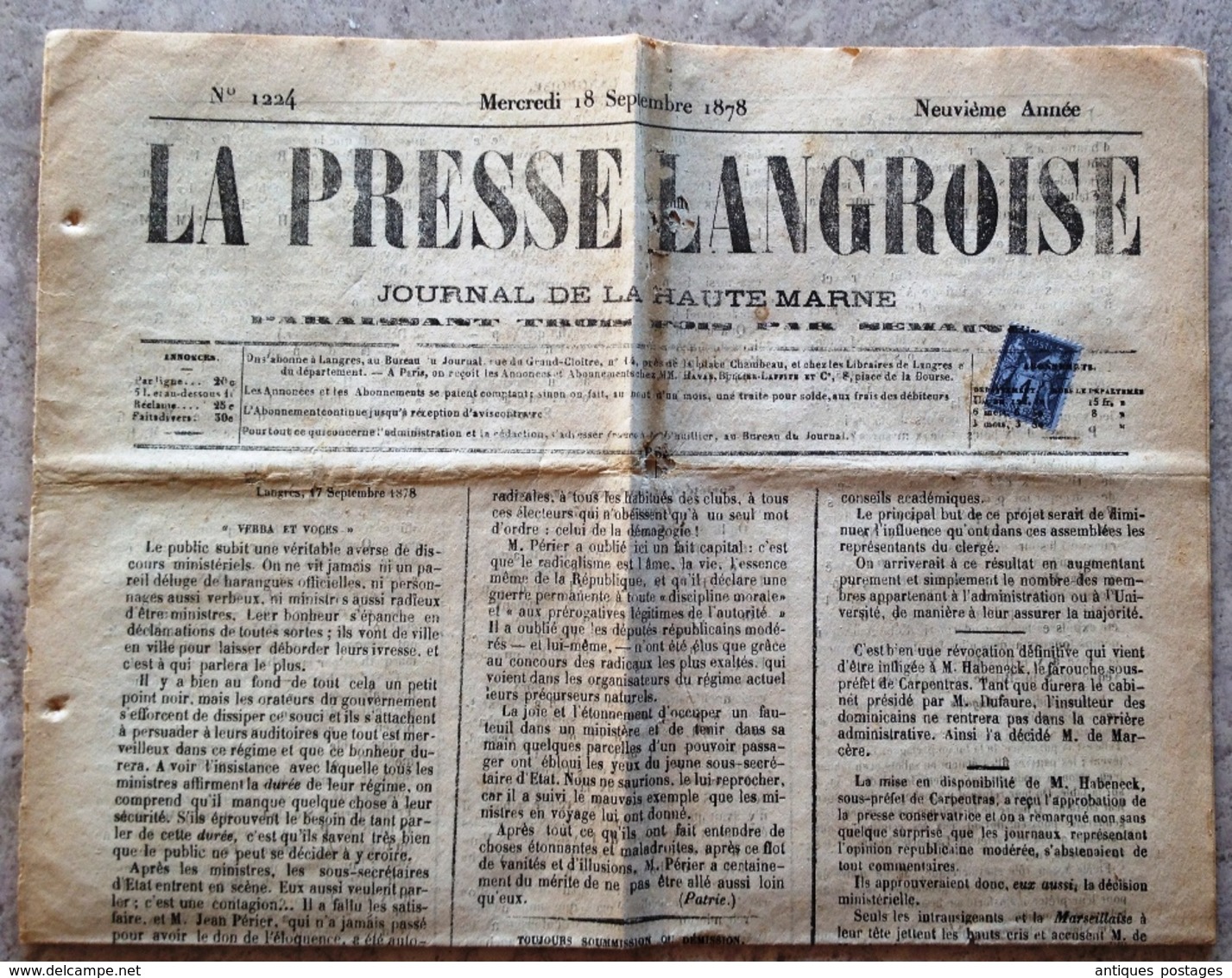 Timbre Type Sage 1 Centime Sur Journal 1878 La Presse Langroise Haute Marne Langres - Journaux