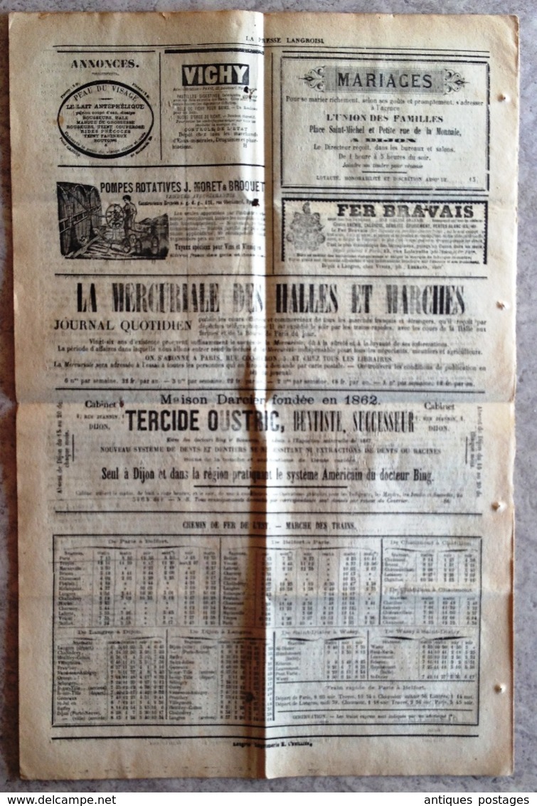 Timbre Type Sage 1 Centime Sur Journal 1878 La Presse Langroise Haute Marne Langres - Journaux