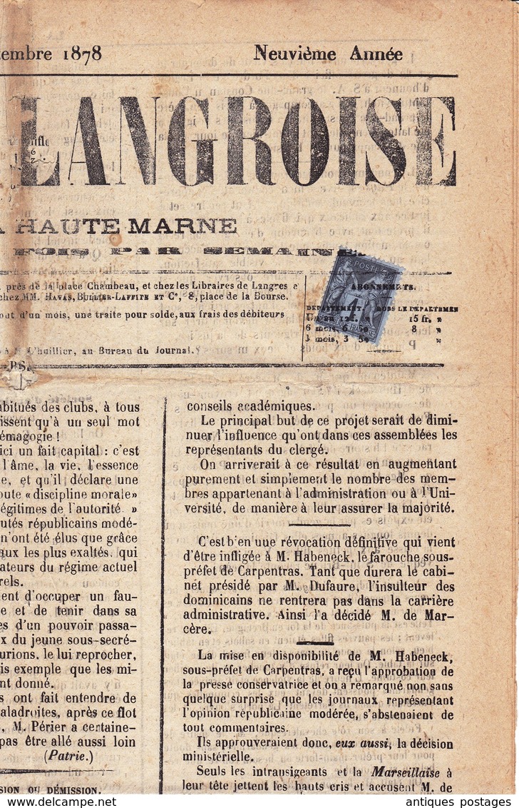 Timbre Type Sage 1 Centime Sur Journal 1878 La Presse Langroise Haute Marne Langres - Journaux