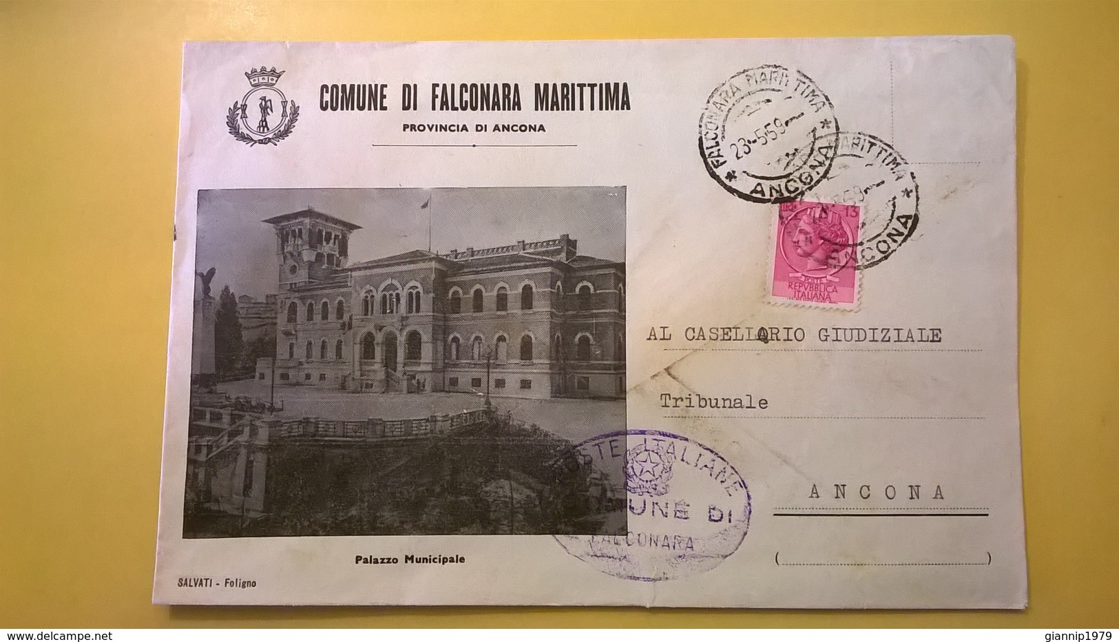 1959 BUSTA COMUNALE TEMATICA DESTINATA PROCURA REPUBBLICA BOLLO SIRACUSANA COMUNE FALCONARA MARITTIMA CON VIGNETTA - 1946-60: Storia Postale