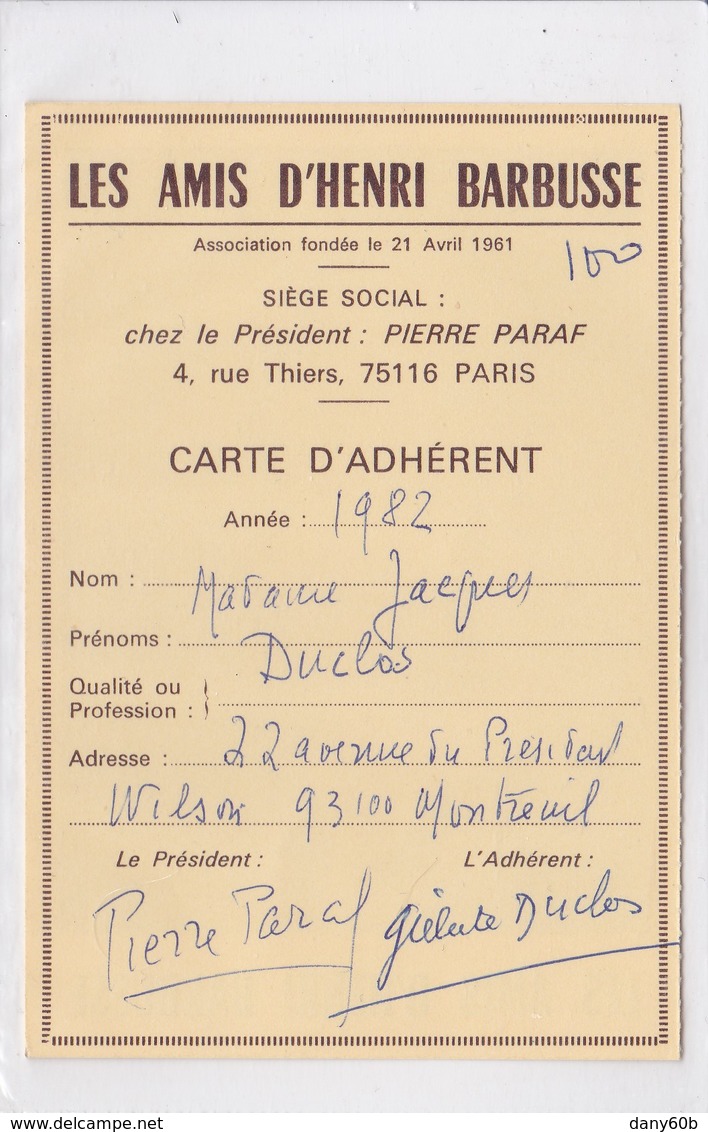 REF.HI . LES AMIS DE D'HENRI BARBUSSE . CARTE D'ADHERENT  DE Mr JACQUES DUCLOS. ANNEE 1982 - Other & Unclassified