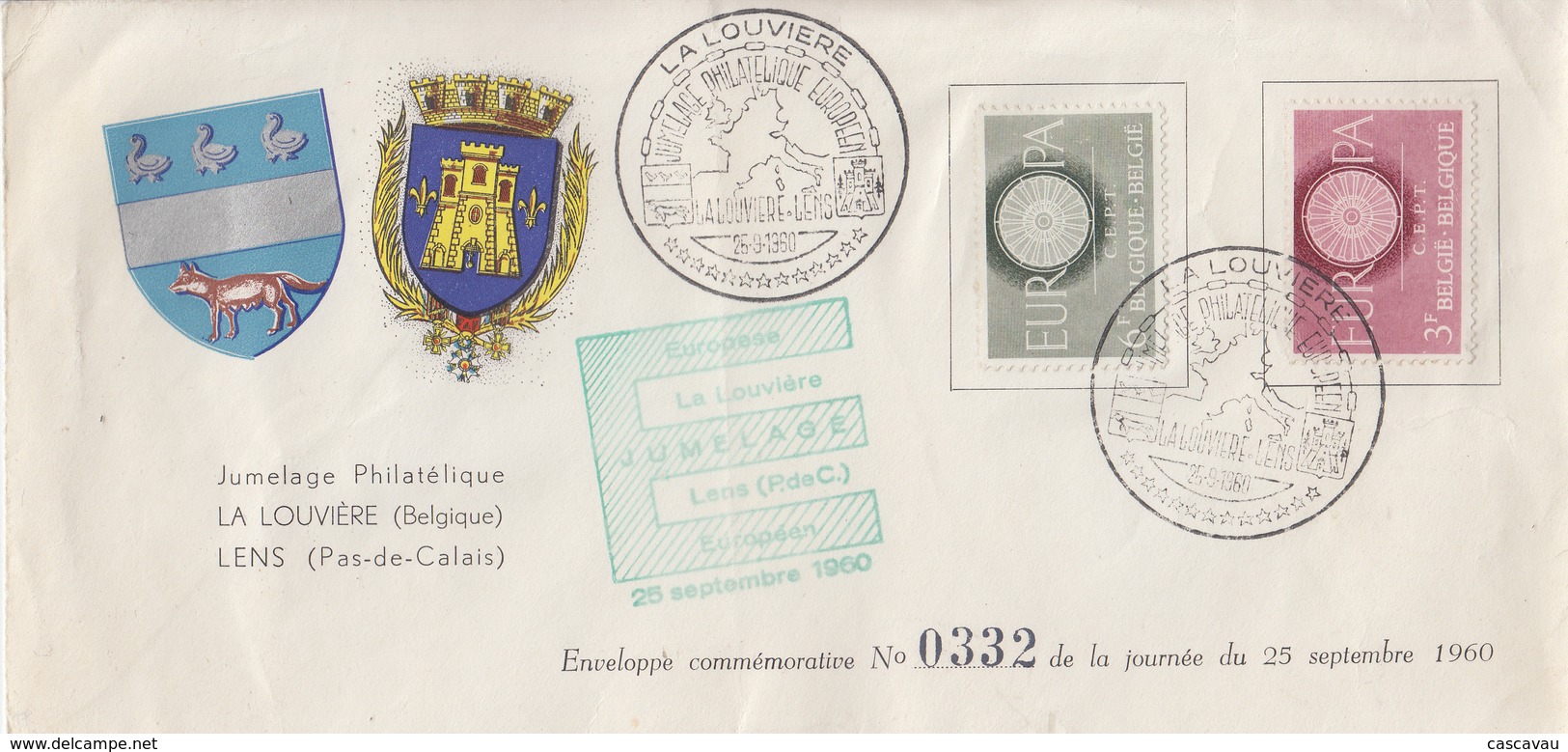 Enveloppe  BELGIQUE   EUROPA  Jumelage  Philatélique  Européen   LA  LOUVIERE  -  LENS   1960 - 1960