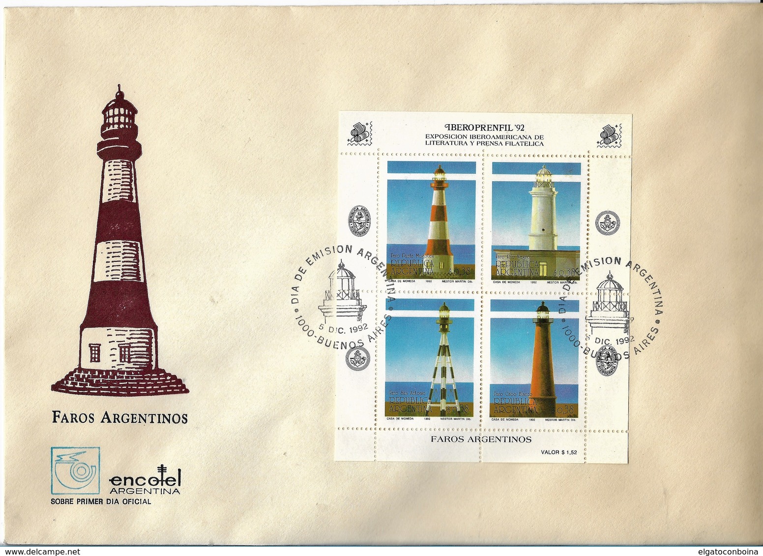 ARGENTINA 1992 FAROS ARGENTINOS  LIGHTHOUSES FDC COVER WITH MINI SHEET OF FOUR - FDC