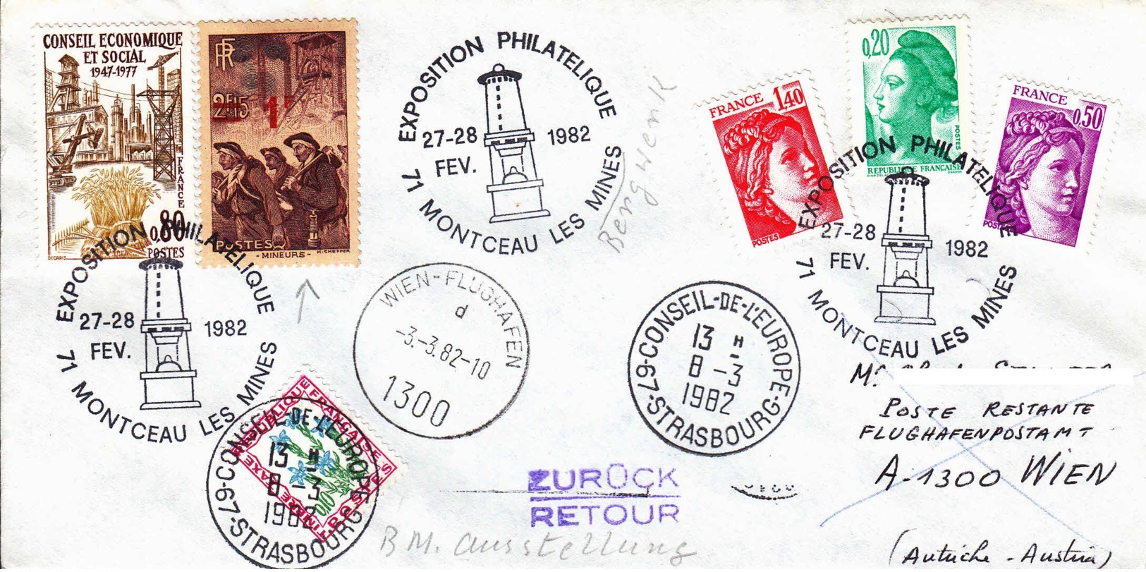 FRANCE - 1982 - Conseil De L'Europe - Lettre De Montceau Les Mines Pour Vienne Puis Strasbourg En Poste Restante - - Covers & Documents