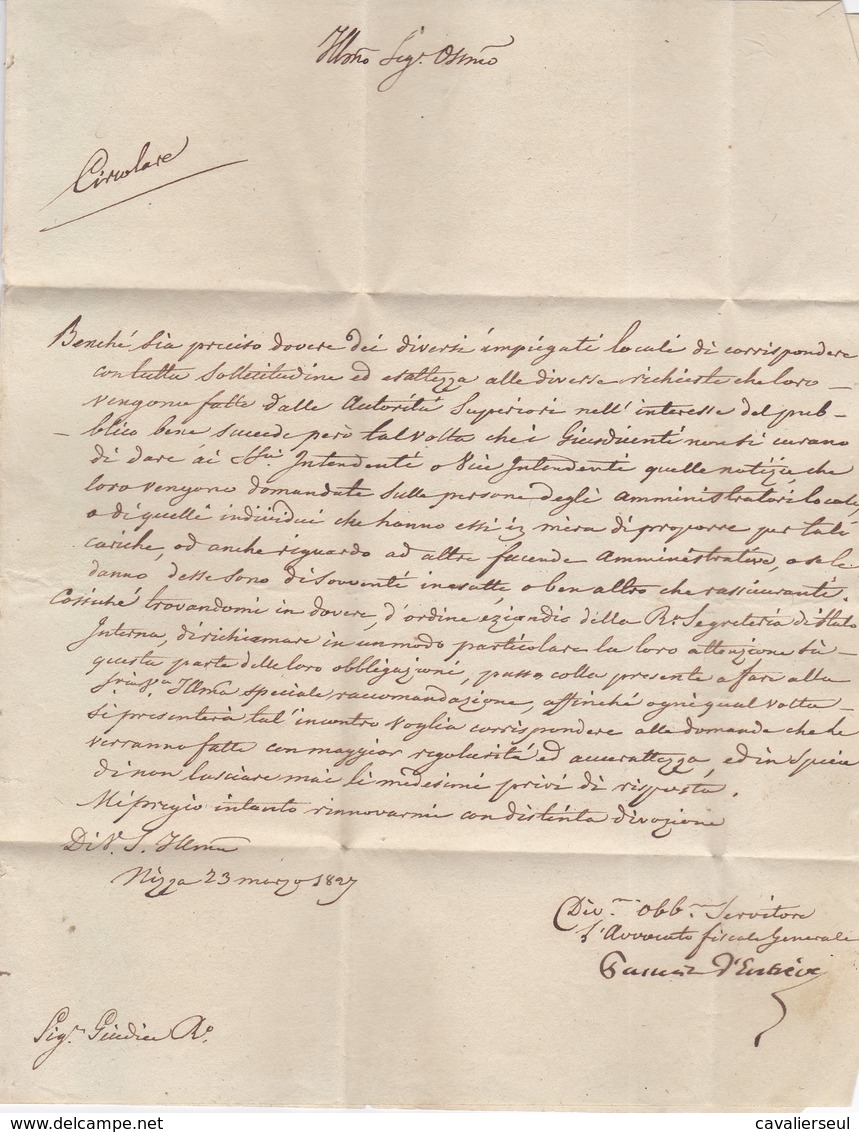 LAC -  NIZZA 23 MARS 1827 + TRESOR ET POSTE + Griffe L'AVOC F GENERALE (ENTREVES) - 1801-1848: Précurseurs XIX