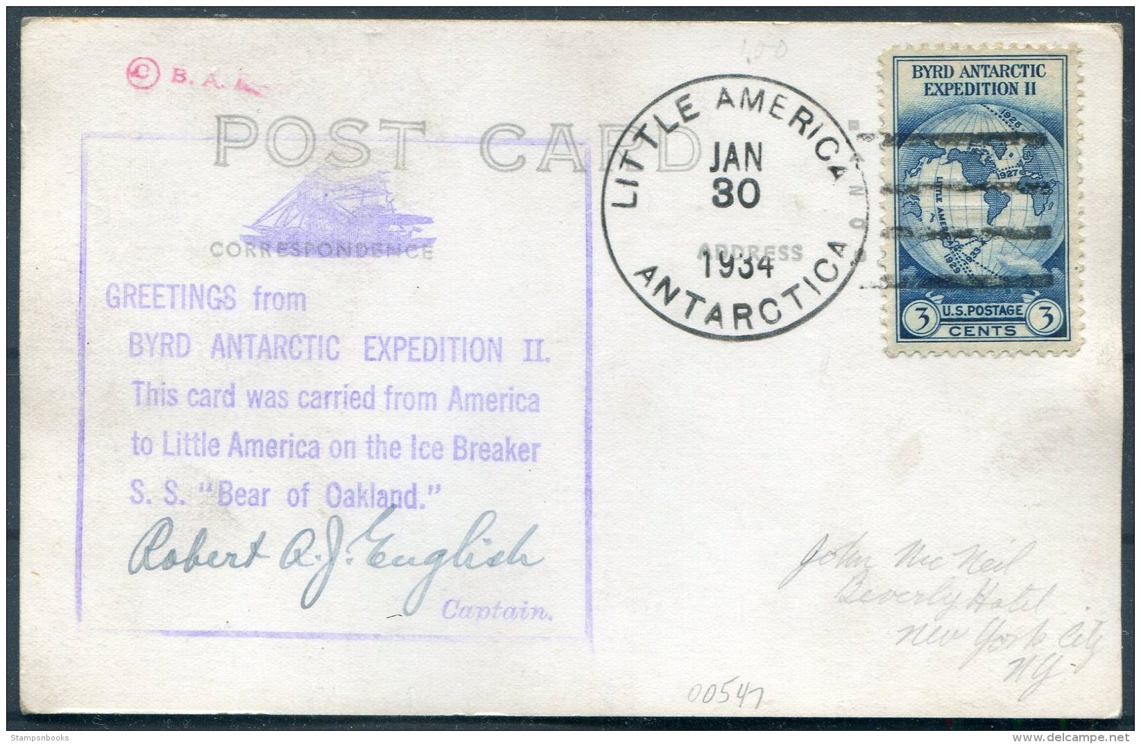 1934 USA Byrd Antarctic Expedition Postcard. Little America, S.S. BEAR OF OAKLAND Ship Antarctica - Polar Explorers & Famous People