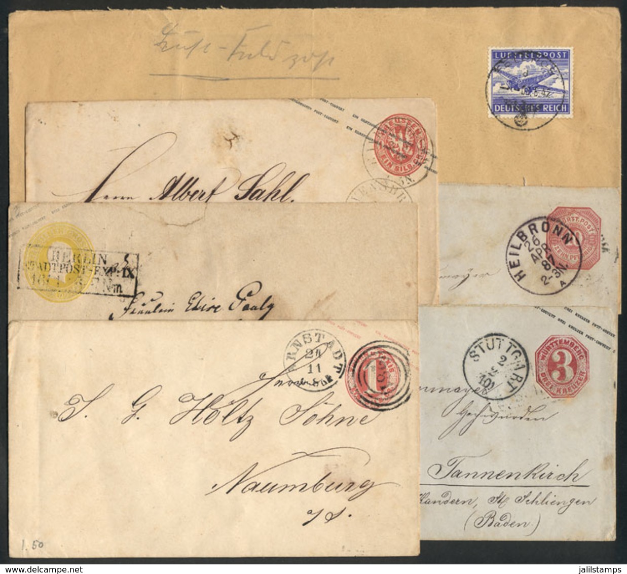 GERMANY: 5 Stationery Envelopes Of German States Used Between 1867 And 1887, Interesting Cancels. The Lot Also Includes  - Briefe U. Dokumente