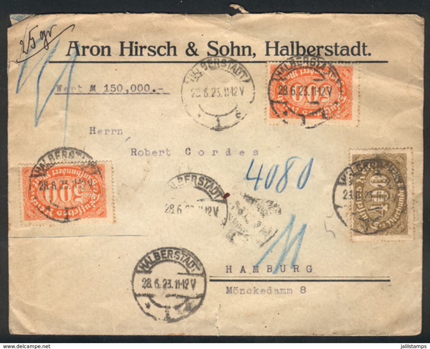 GERMANY: "Cover With Declared Value Sent From Halbertstadt To Moscow (Russia) On 28/JUN/1923, Franked With 1,400Mk. (wit - Cartas & Documentos