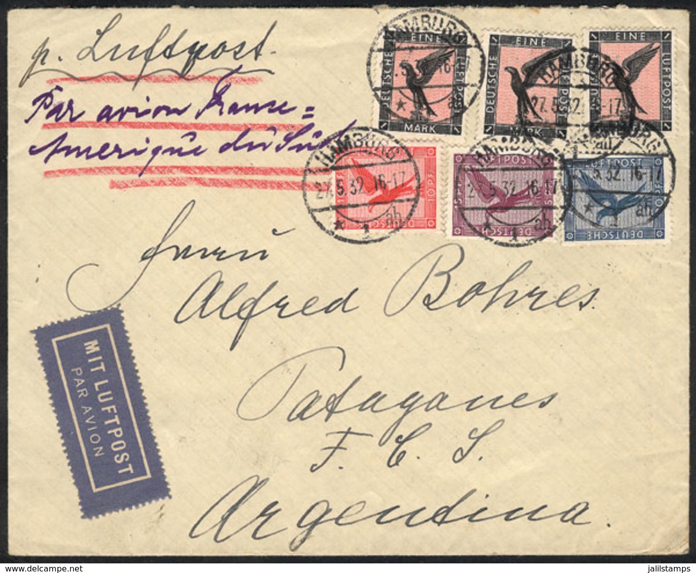 GERMANY: Airmail Cover Sent From Hamburg To Argentina On 27/MAY/1932, VF Quality, Nice Postage - Storia Postale