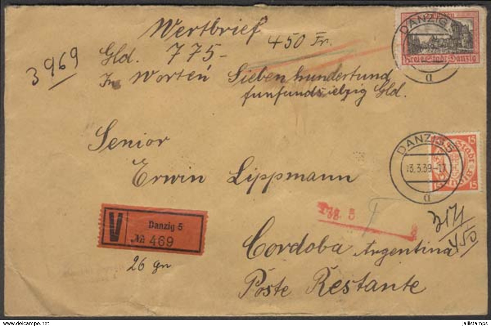 GERMANY - DANZIG: Cover With Declared Value Of 775G., Sent To Argentina On 13/MAR/1939 Franked With 2.15G., VF Quality,  - Other & Unclassified