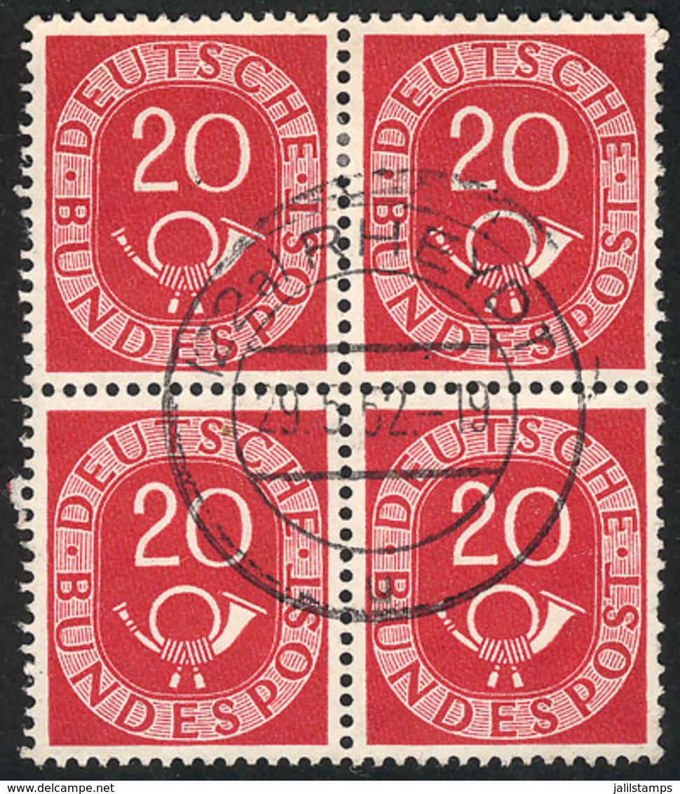 WEST GERMANY: Yvert 16 (Michel 130), 1951 Postal Horn 20Pf., Used Block Of 4 Of VF Quality, With Guarantee Mark On Back, - Sonstige & Ohne Zuordnung