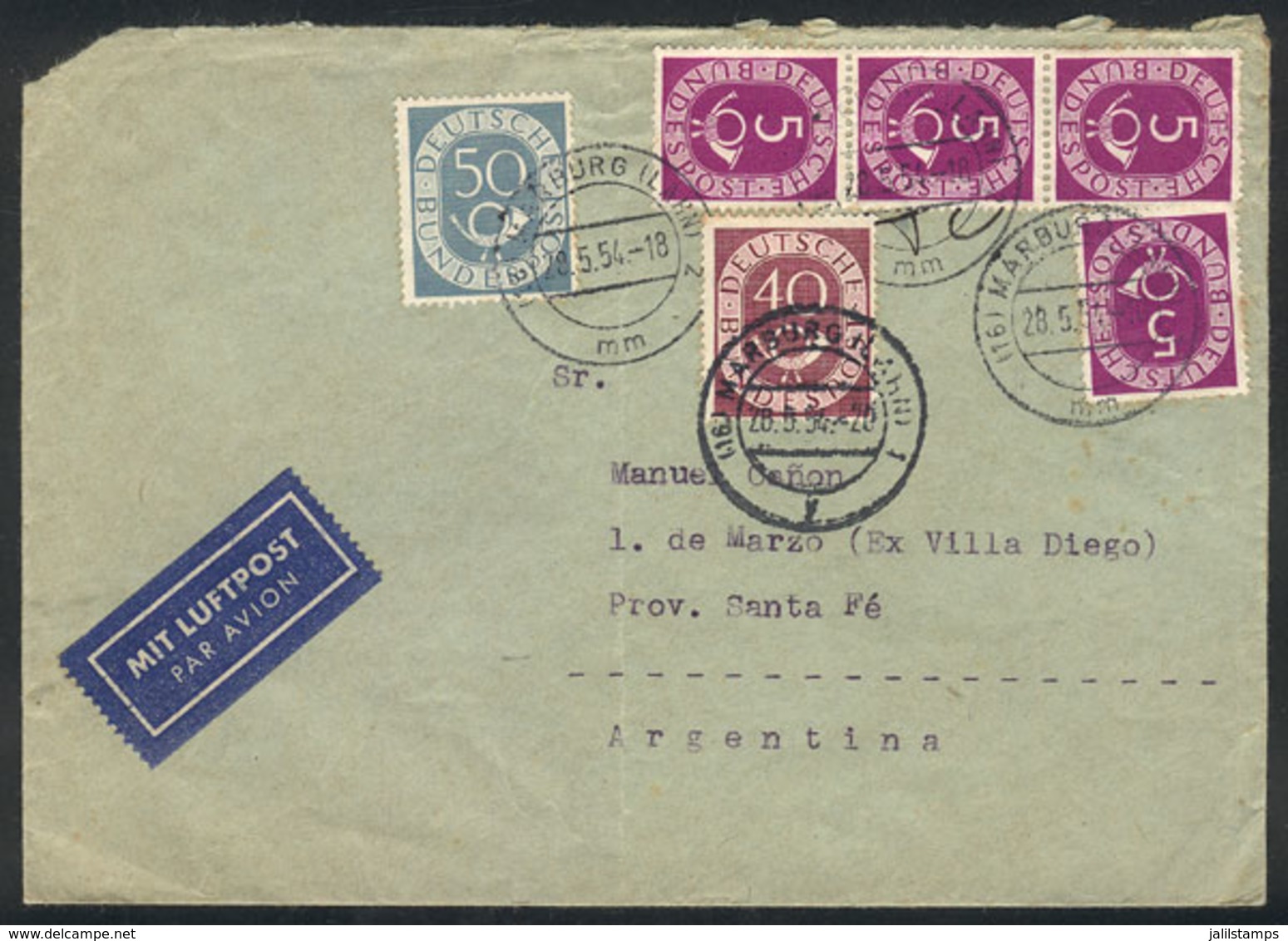 WEST GERMANY: "Airmail Cover Sent From Hamburg To Argentina On 28/MAY/1954, Interesting Postage With Stamps Of The ""Pos - Covers & Documents